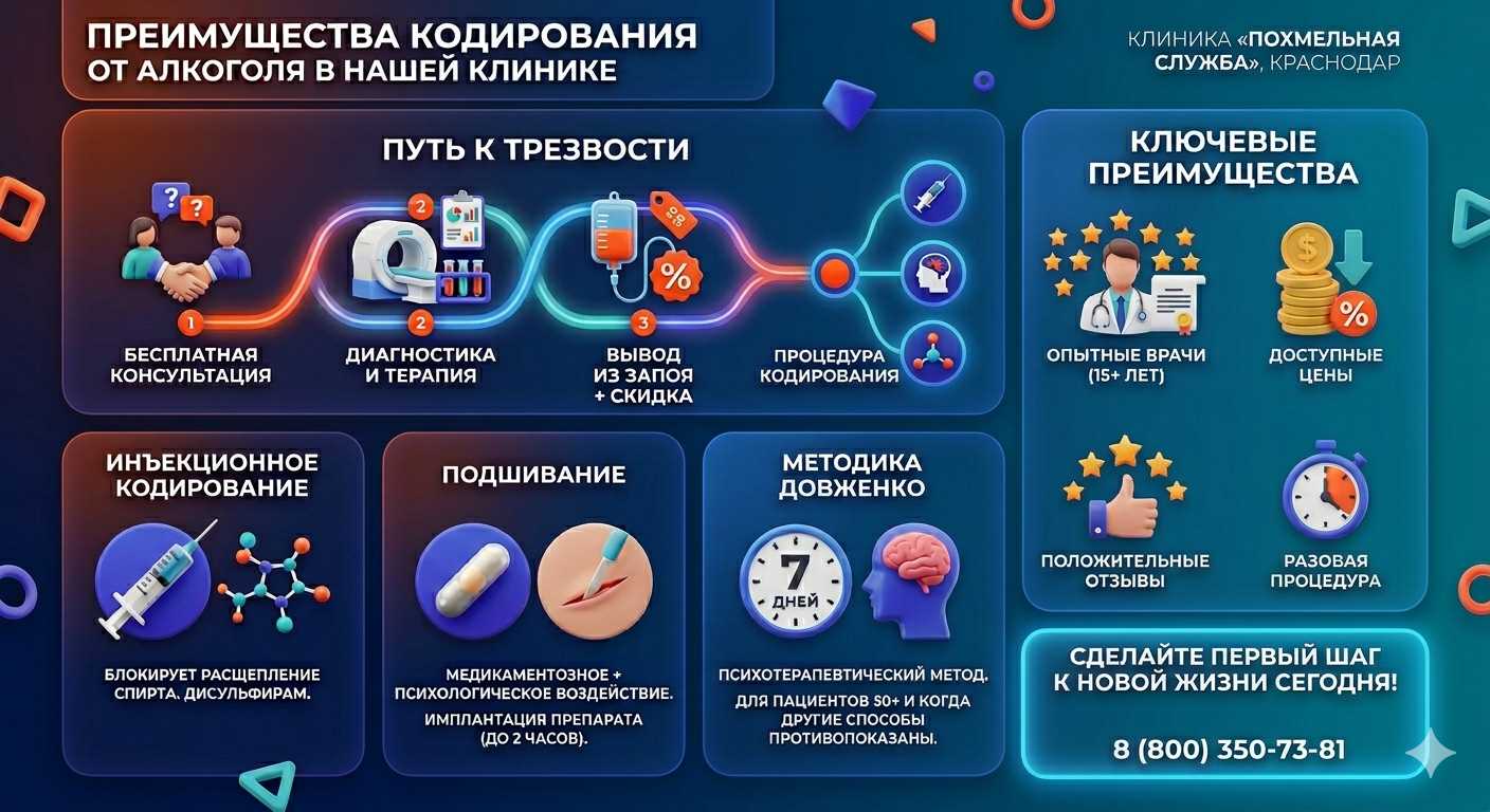 Инфографика о методах кодирования от алкоголя в Тавде: инъекции, подшивание, метод Довженко. Преимущества клиники и этапы лечения.