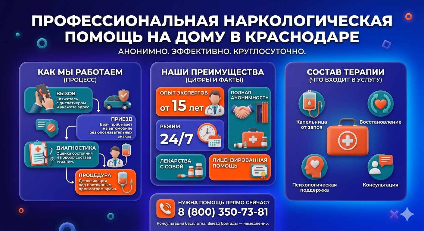 Инфографика о принципах лечения алкоголизма на дому в Тавде: этапы вызова нарколога, преимущества анонимной детоксикации и состав медицинской помощи.